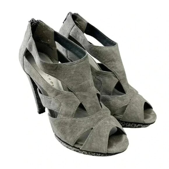 Attitude Strappy Chunky Platform Heels Caged Open Toe Shoe Y2K Faux Suede Grey 7 - Picture 2 of 15